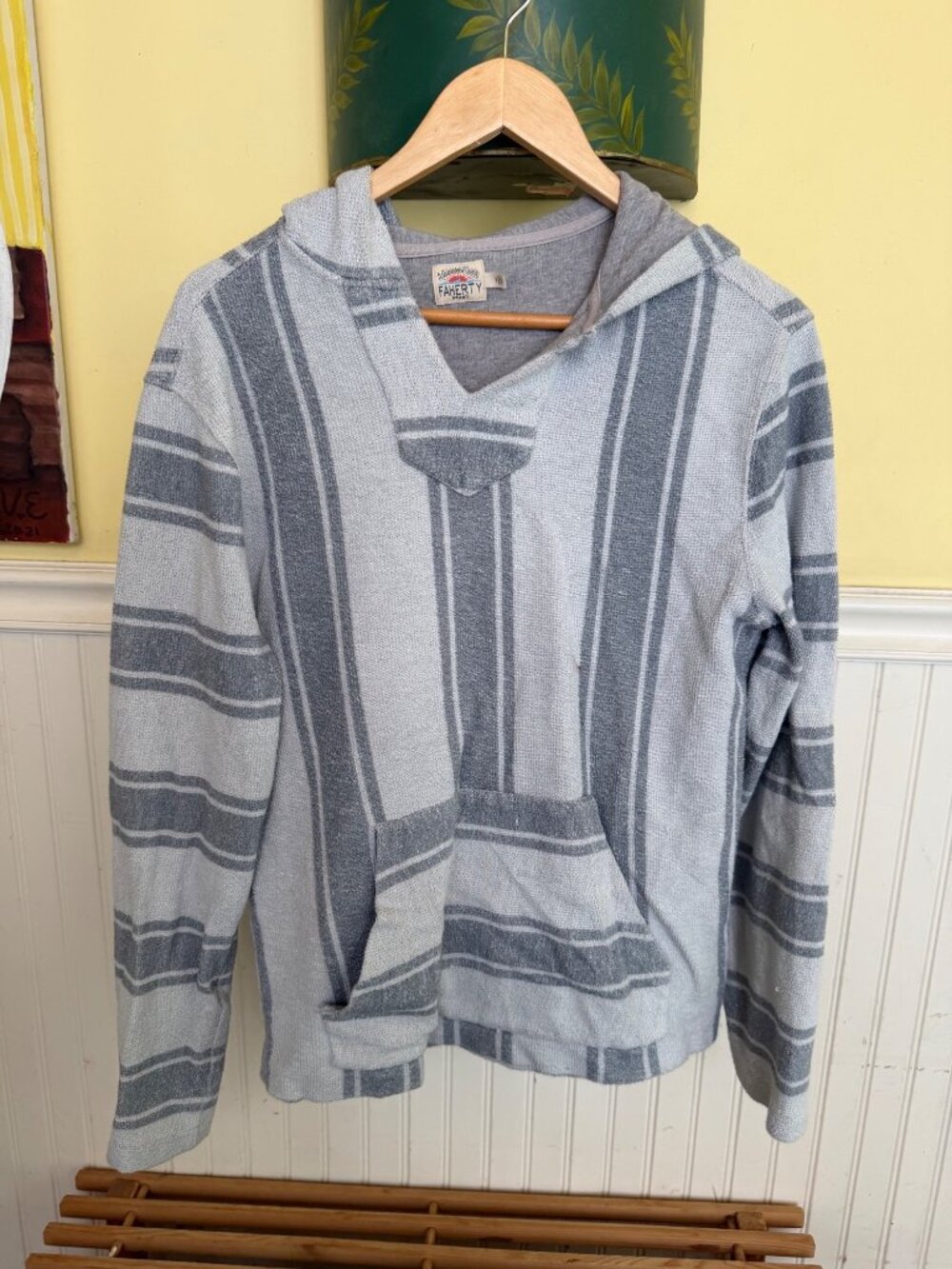 Faherty Striped Baja Hoodie S Gray & White Cotton Blend